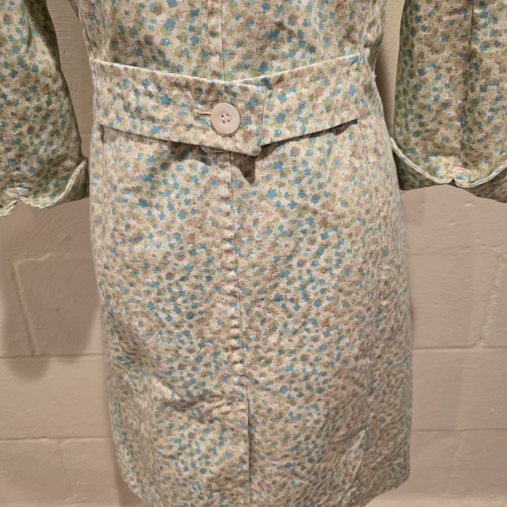 VINTAGE Express Floral Trench Lime Green/Blue Notched Collar 3/4 Sleeve Pockets. - Picture 8 of 16